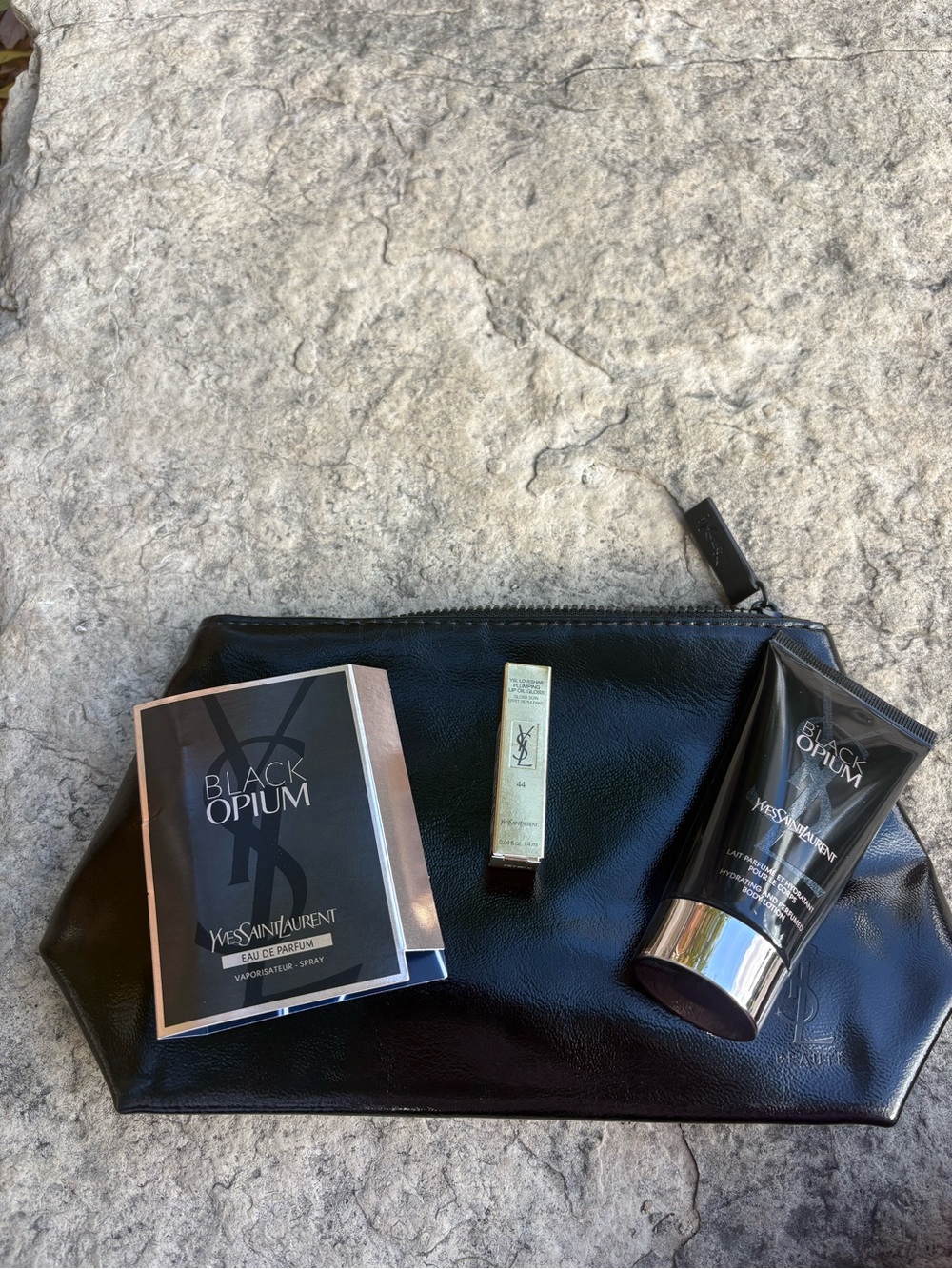 🆕💄YSL Black Pleather Toiletry zip + Black Opium lotion +perfume+lipstick